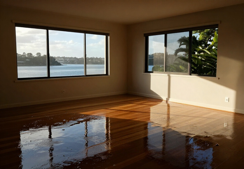 Flooded living room in Enfield with water covering the floor and damaged furniture